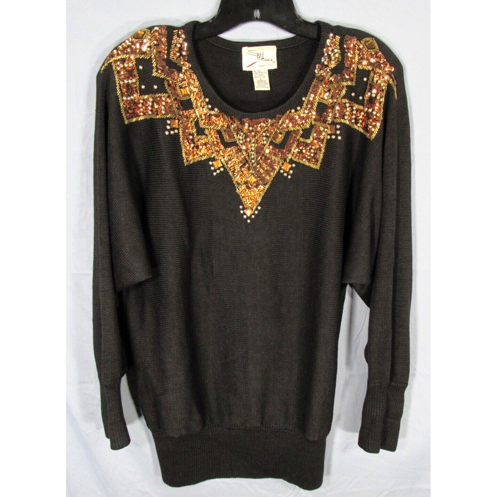 VTG SML Black Sweater BRONZE/GOLD BEADED YOKE Dolman Sleeves COCKTAIL PARTY L